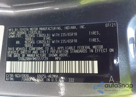 2021 Toyota Highlander Xle z USA, uszkodzony, nr VIN 5TDGZRBH1MS551729